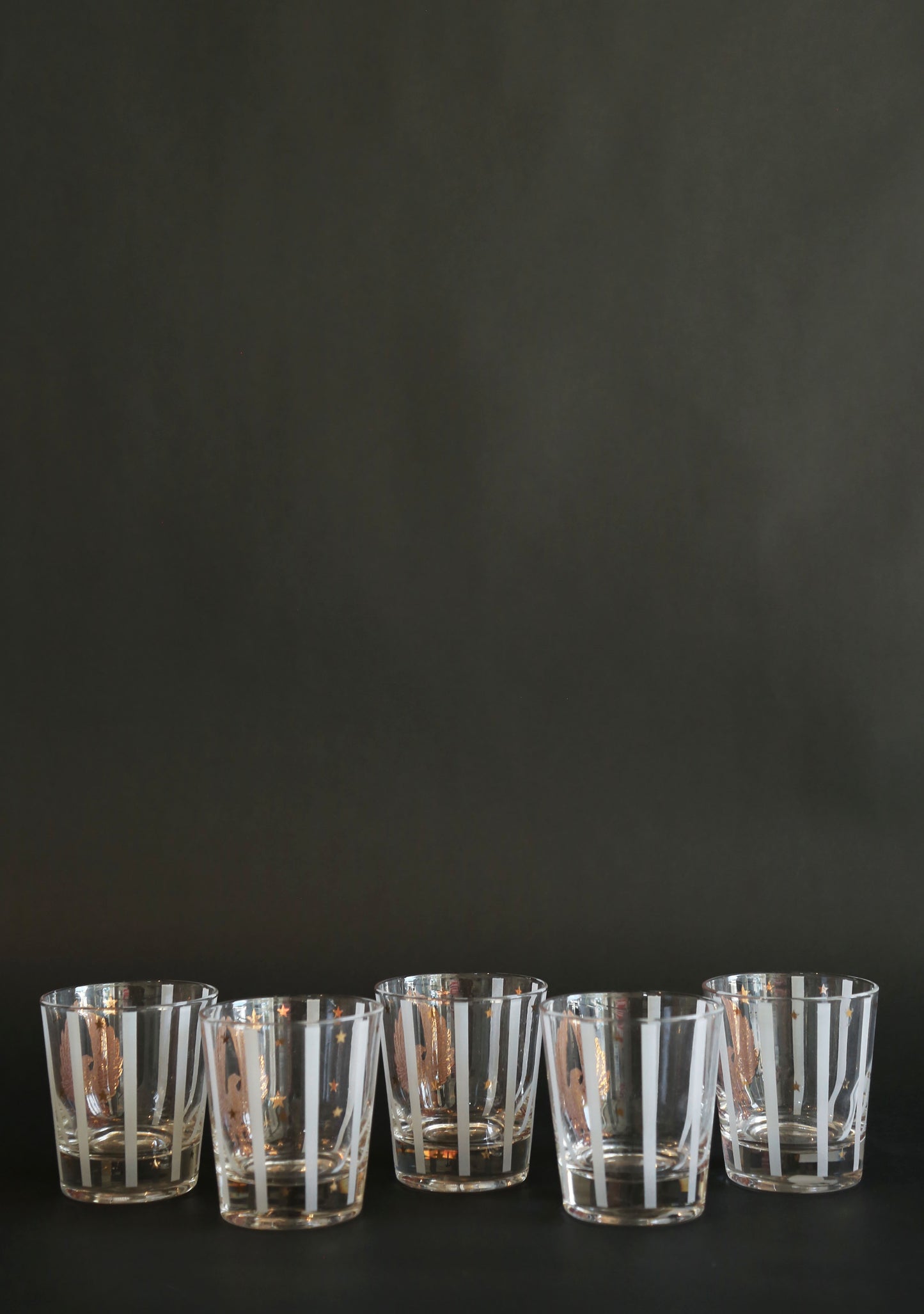 Vintage Gay Fad Americana 22K gold Gilt Eagles Stars & Stripes whisky glasses Set of 5
