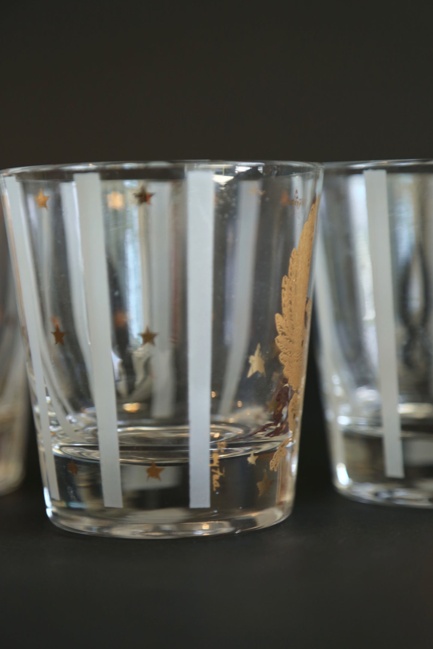 Vintage Gay Fad Americana 22K gold Gilt Eagles Stars & Stripes whisky glasses Set of 5