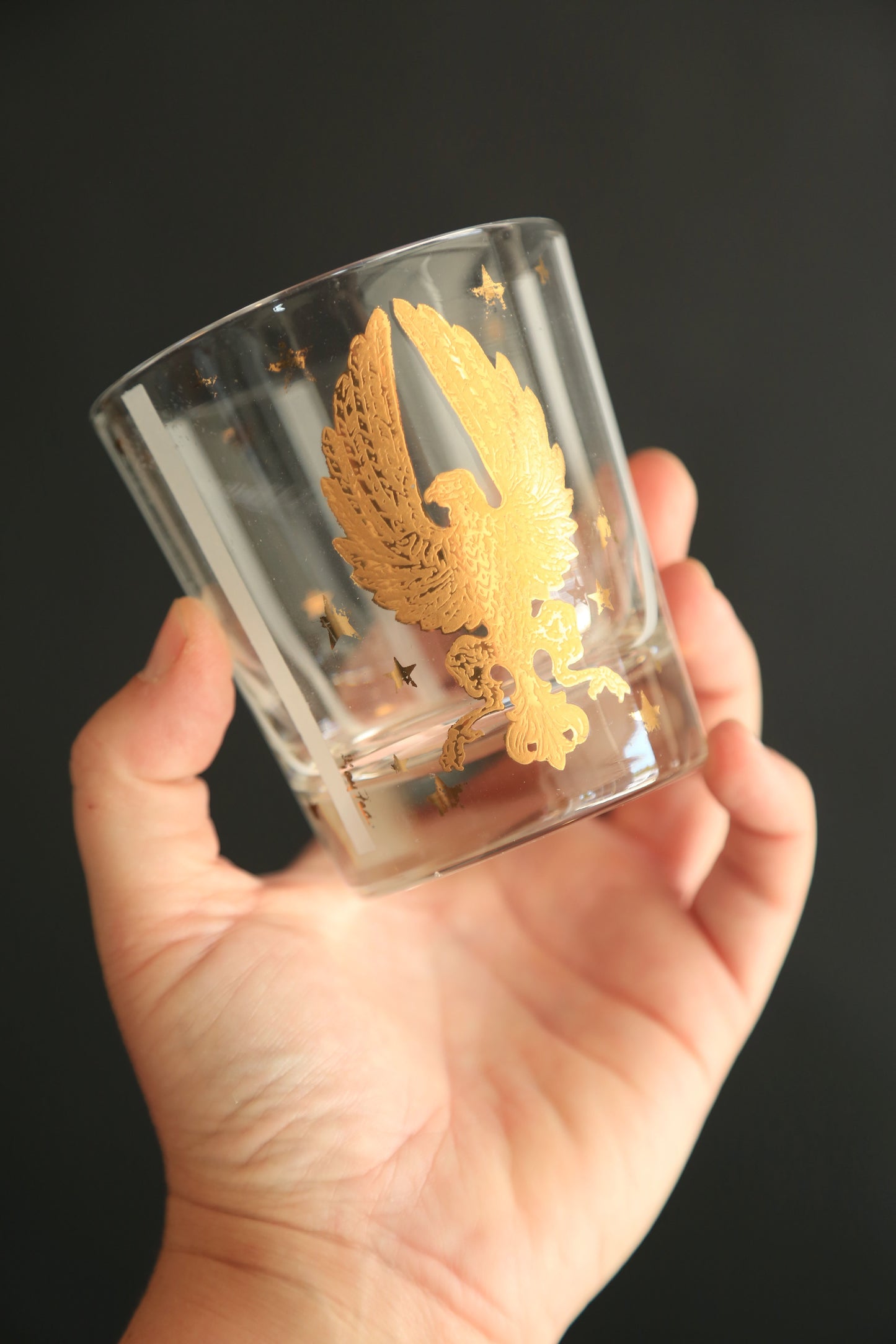 Vintage Gay Fad Americana 22K gold Gilt Eagles Stars & Stripes whisky glasses Set of 5
