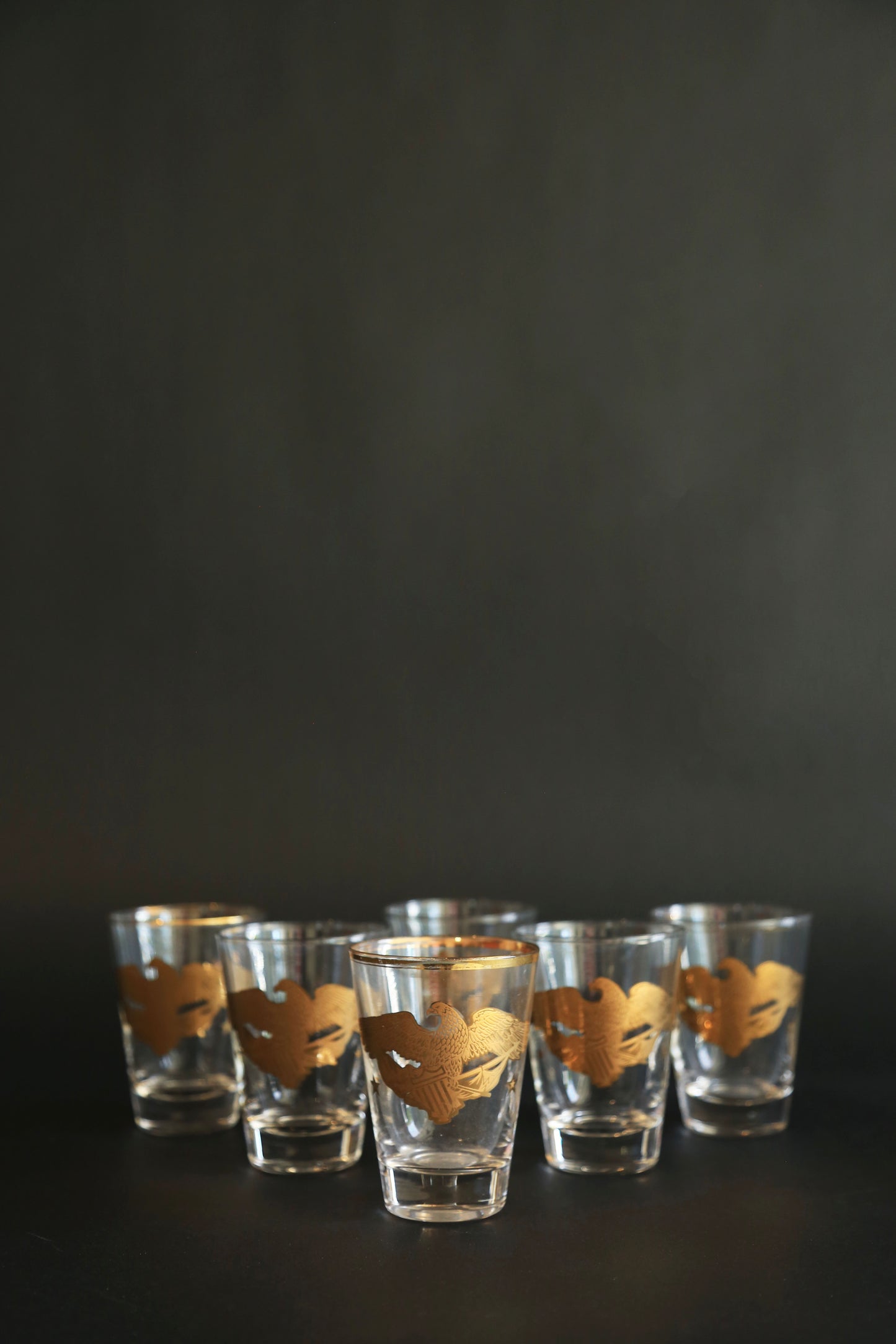 Vintage Gay Fad Americana 22K gold Gilt Eagles Shot glasses Set of 6