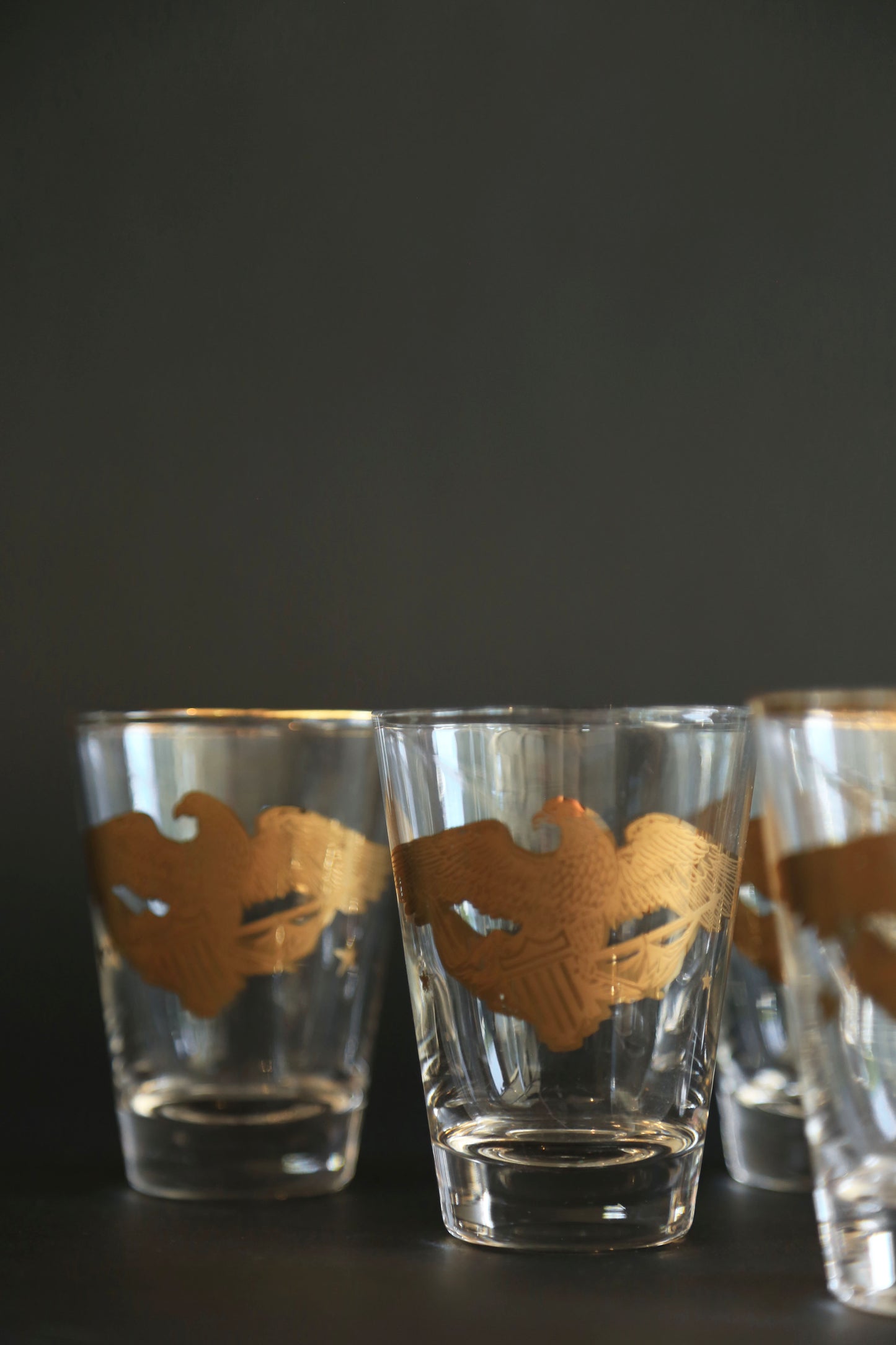 Vintage Gay Fad Americana 22K gold Gilt Eagles Shot glasses Set of 6