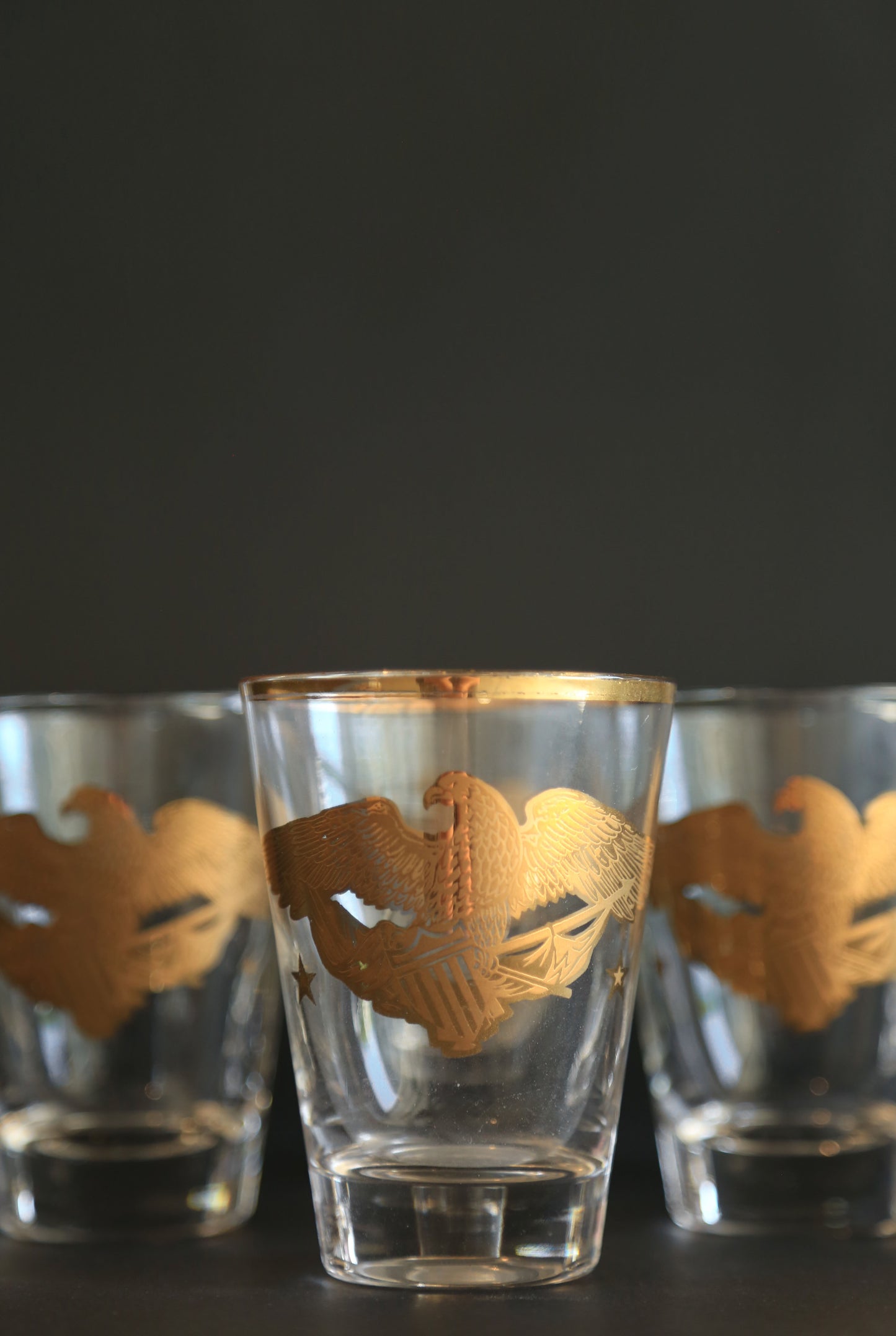 Vintage Gay Fad Americana 22K gold Gilt Eagles Shot glasses Set of 6