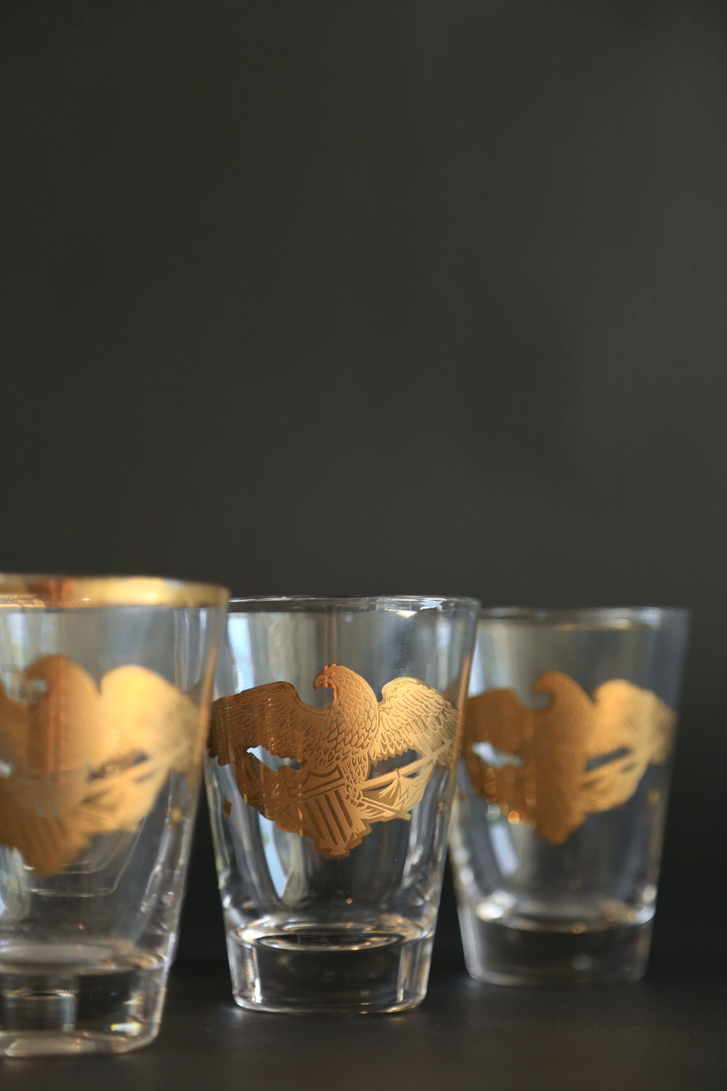 Vintage Gay Fad Americana 22K gold Gilt Eagles Shot glasses Set of 6