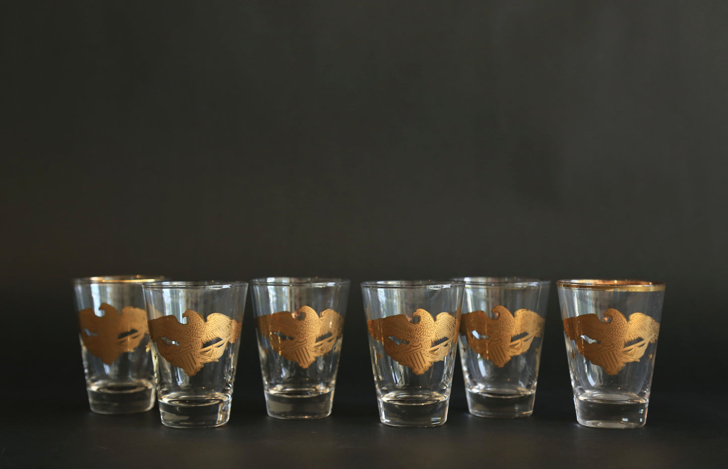 Vintage Gay Fad Americana 22K gold Gilt Eagles Shot glasses Set of 6