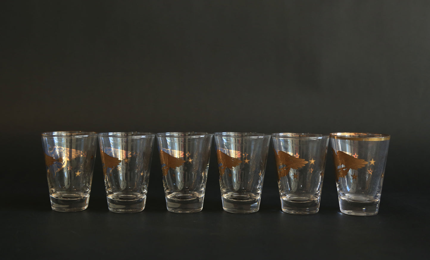 Vintage Gay Fad Americana 22K gold Gilt Eagles Shot glasses Set of 6