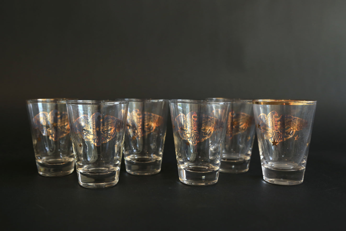 Vintage Gay Fad Americana 22K gold Gilt Eagles Shot glasses Set of 6