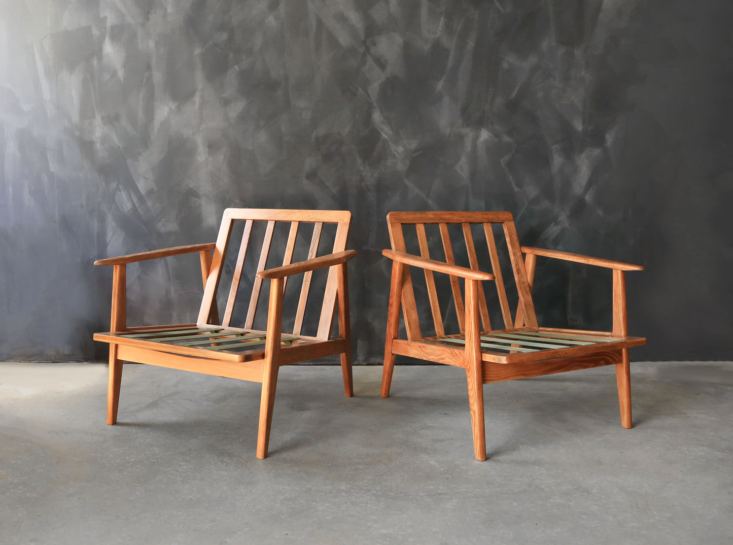 Vintage Mid Century Modern Japanese Walnut Lounge Chairs Pair