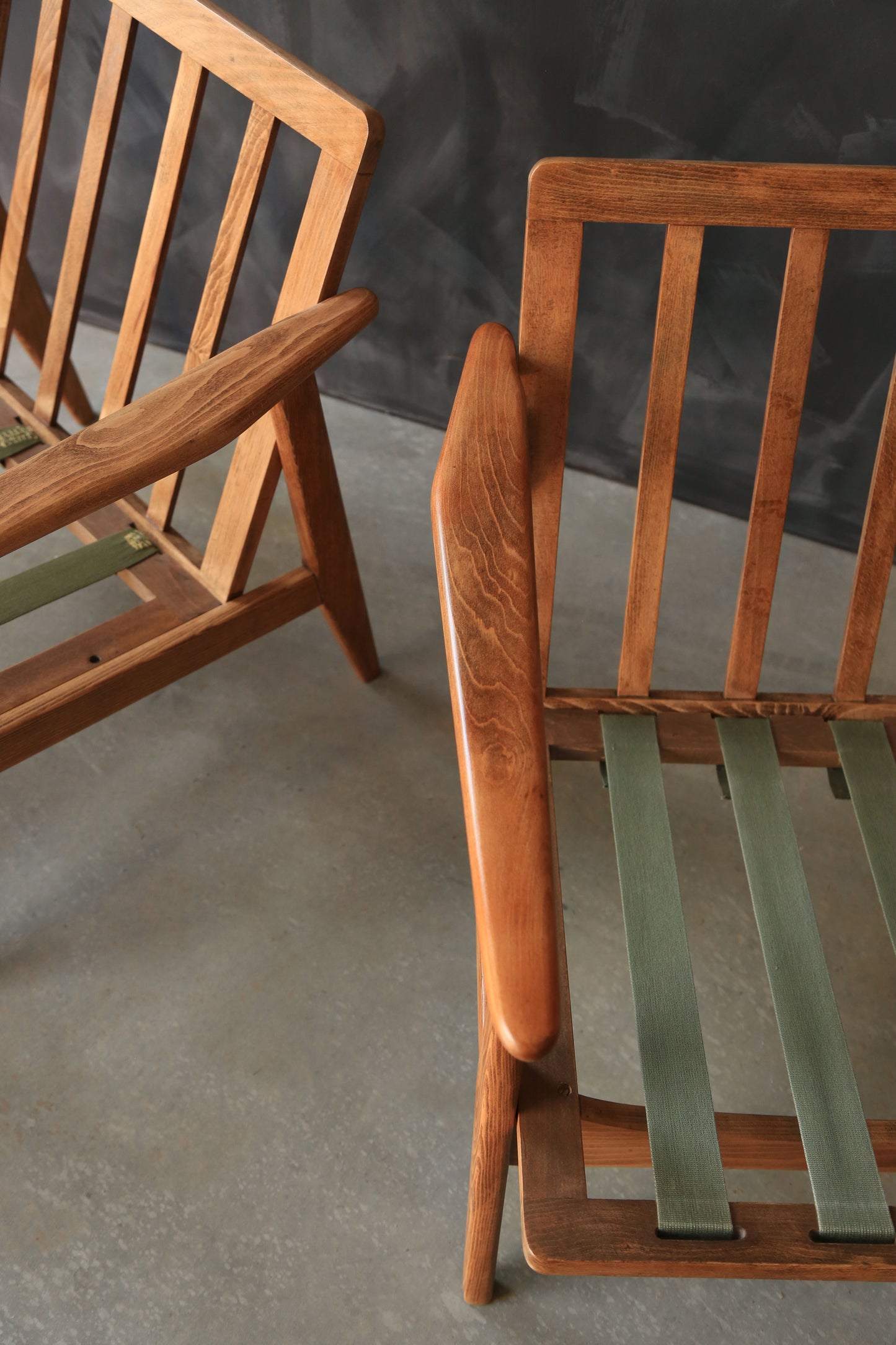 Vintage Mid Century Modern Japanese Walnut Lounge Chairs Pair