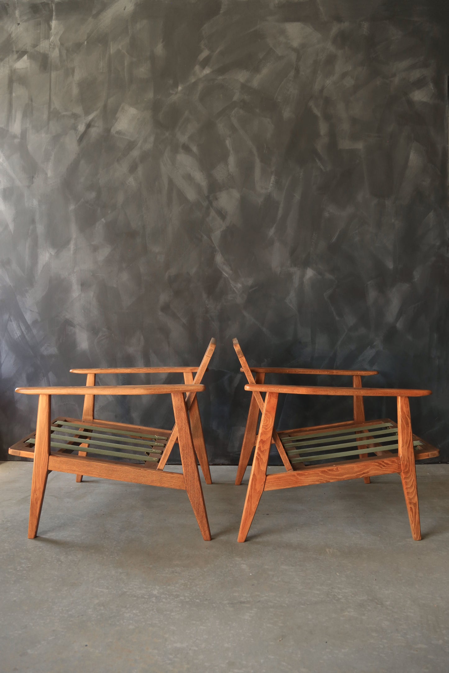 Vintage Mid Century Modern Japanese Walnut Lounge Chairs Pair