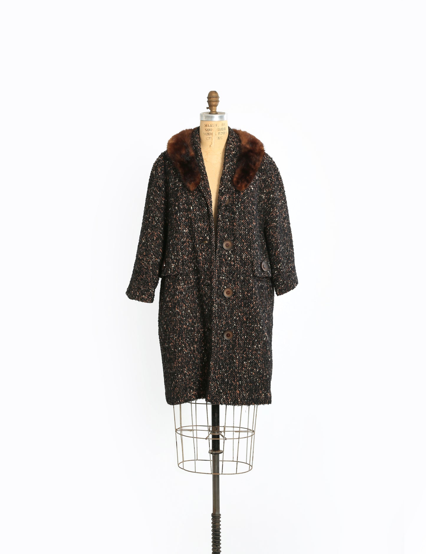 50s 60s calico Bouclé wool brown Mink fur collar coat