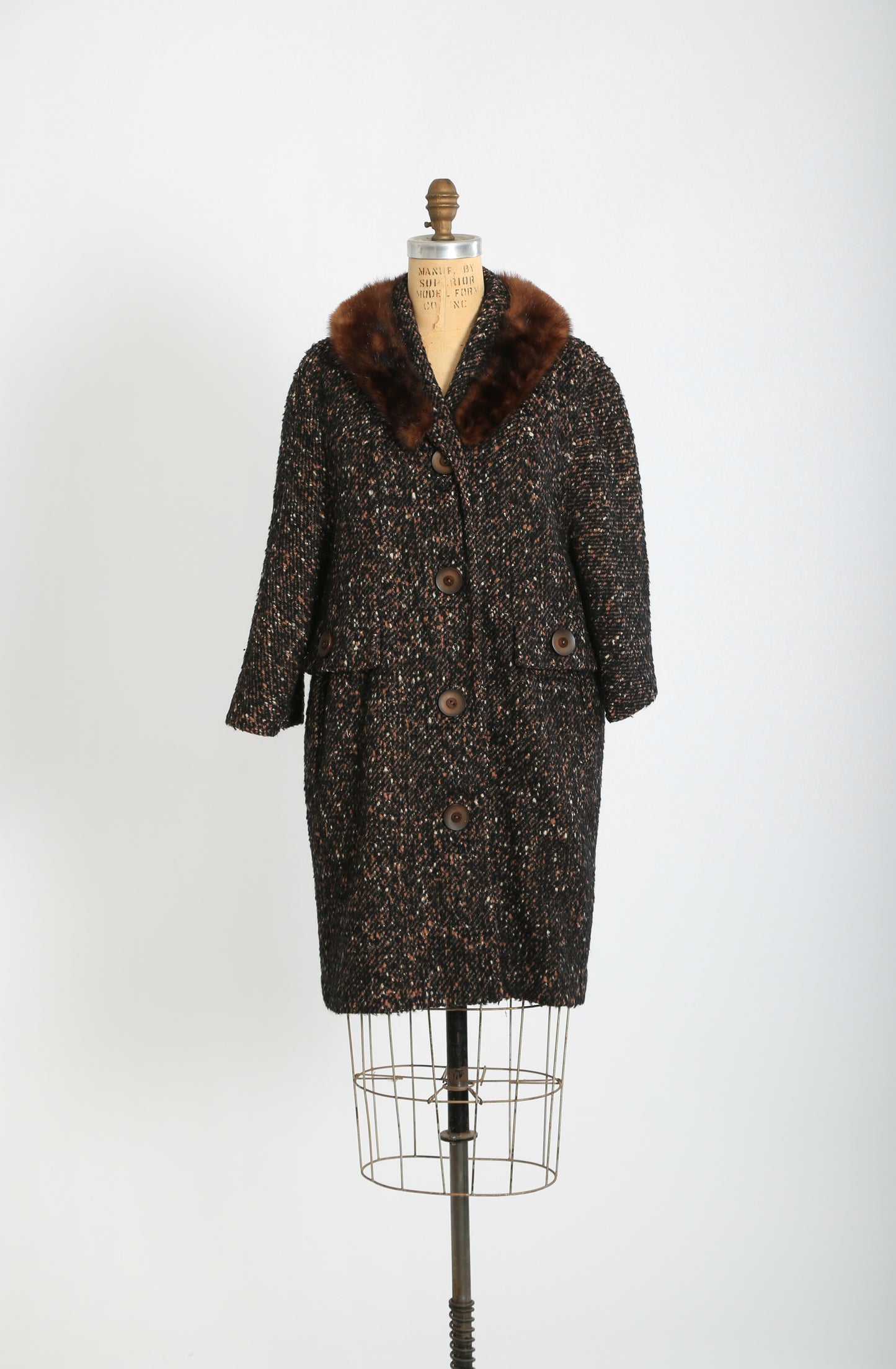 50s 60s calico Bouclé wool brown Mink fur collar coat