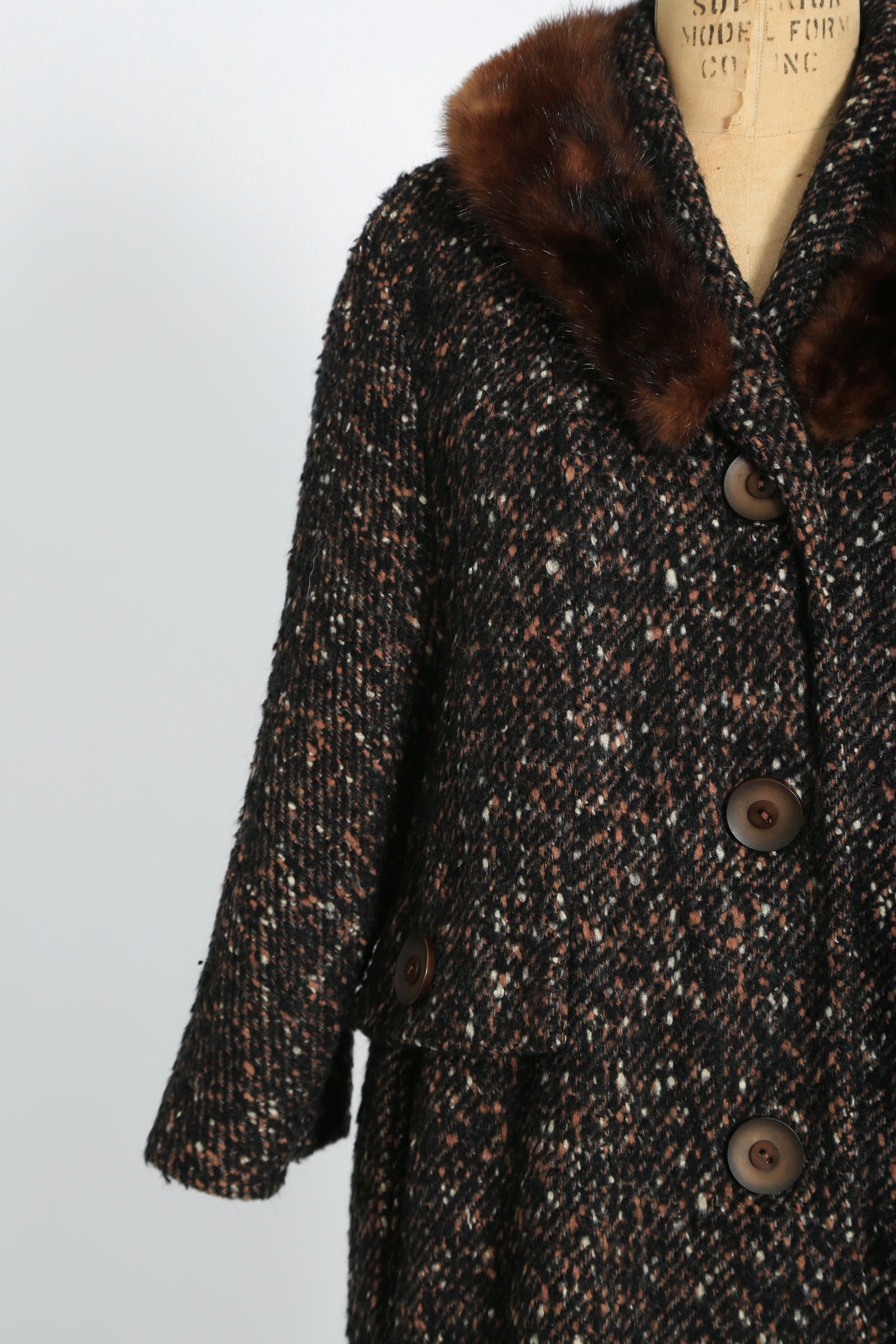 50s 60s calico Bouclé wool brown Mink fur collar coat