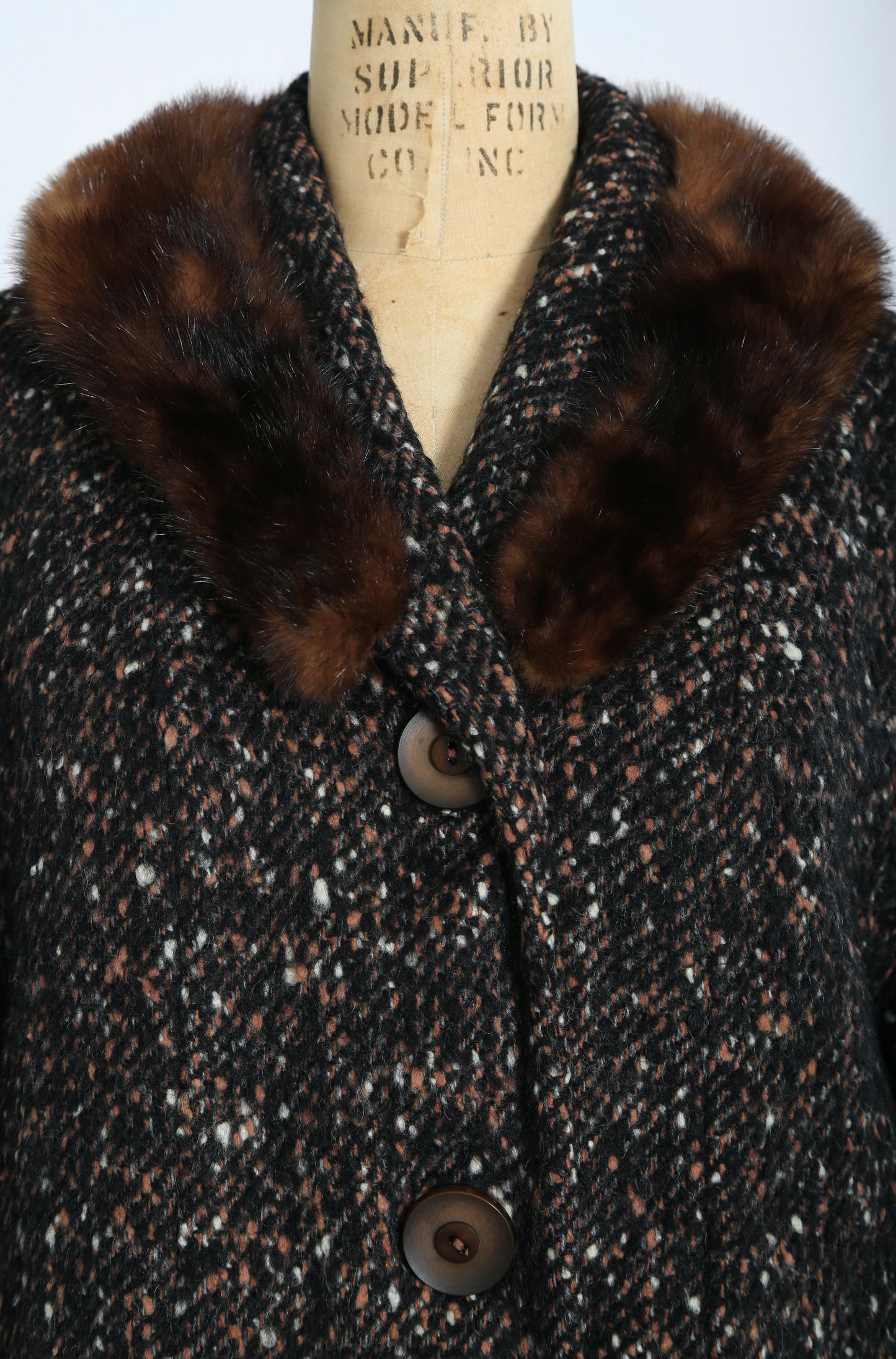 50s 60s calico Bouclé wool brown Mink fur collar coat