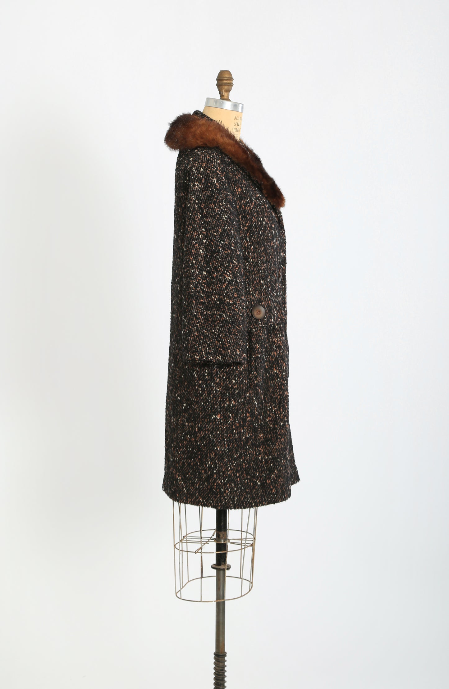 50s 60s calico Bouclé wool brown Mink fur collar coat