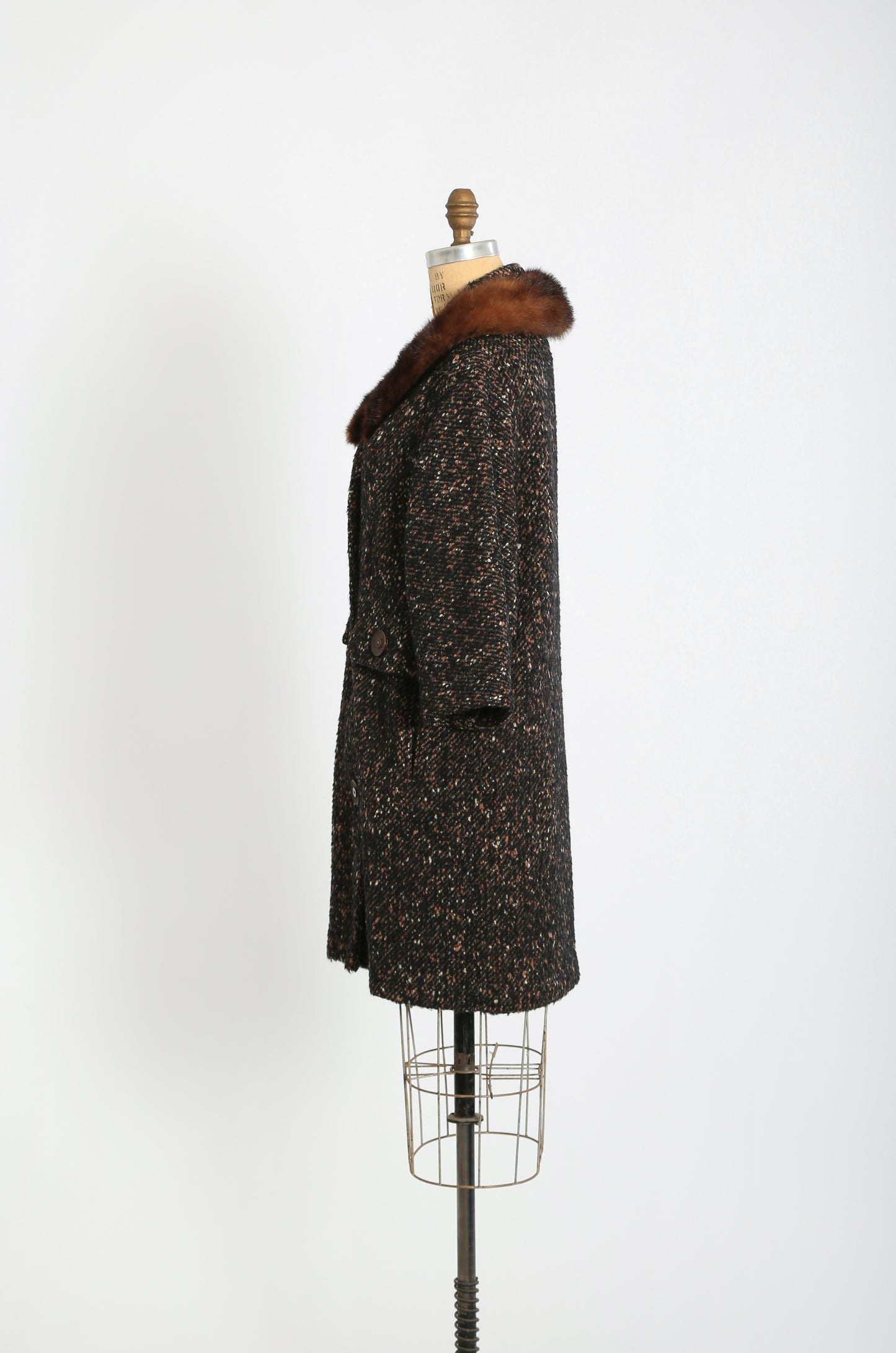 50s 60s calico Bouclé wool brown Mink fur collar coat