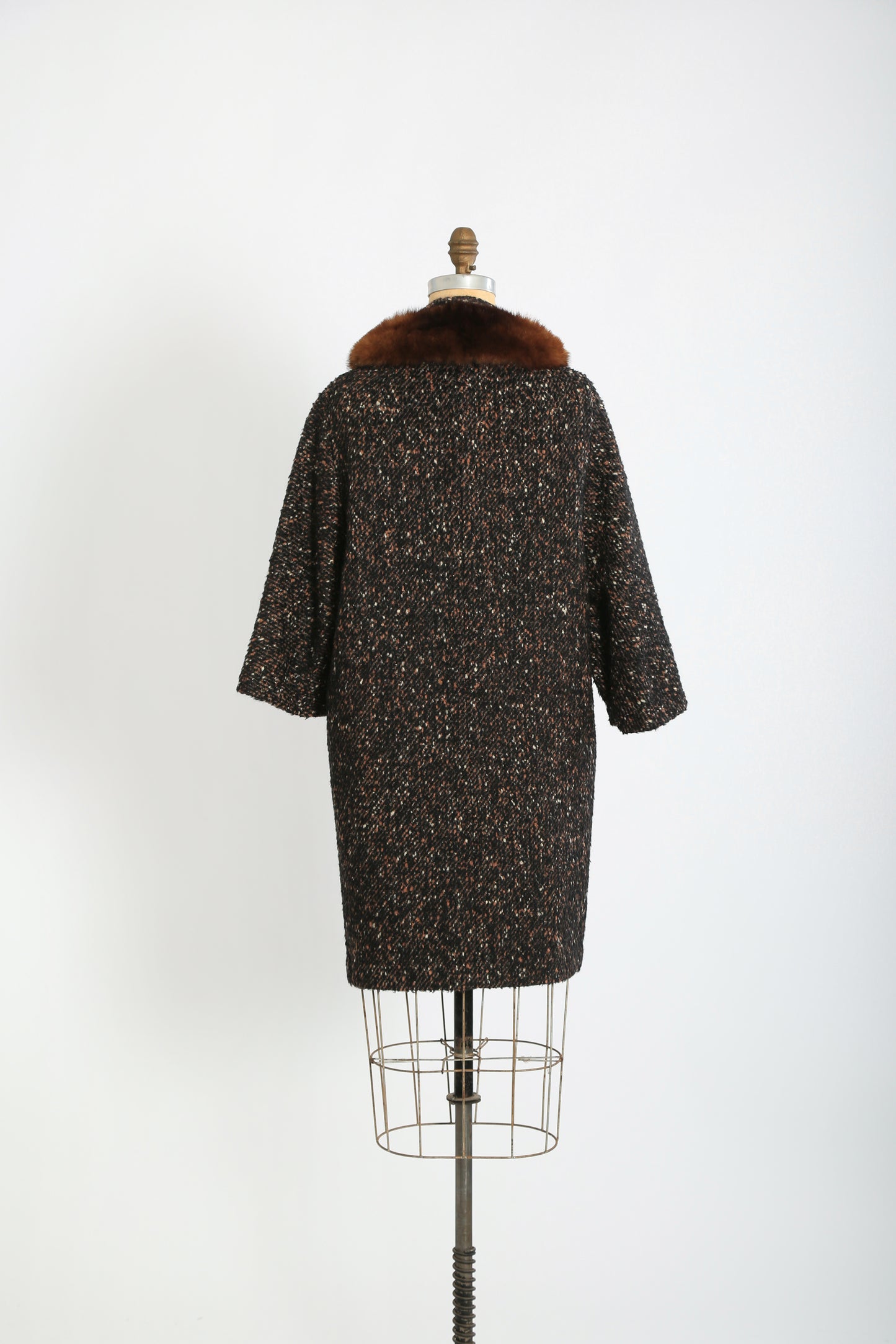 50s 60s calico Bouclé wool brown Mink fur collar coat