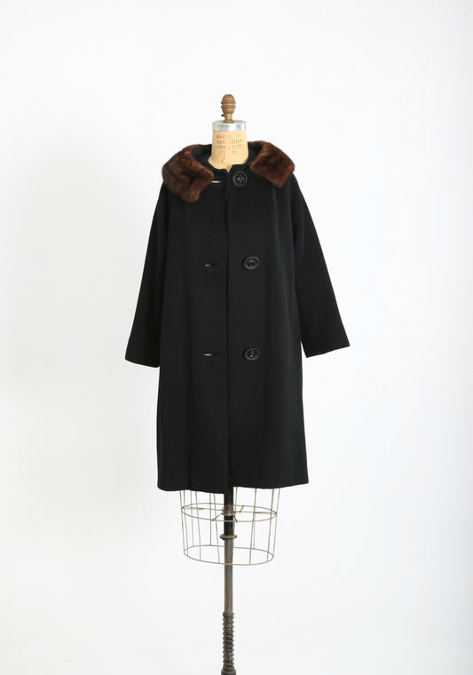 50s black wool brown mink fur collar swing coat