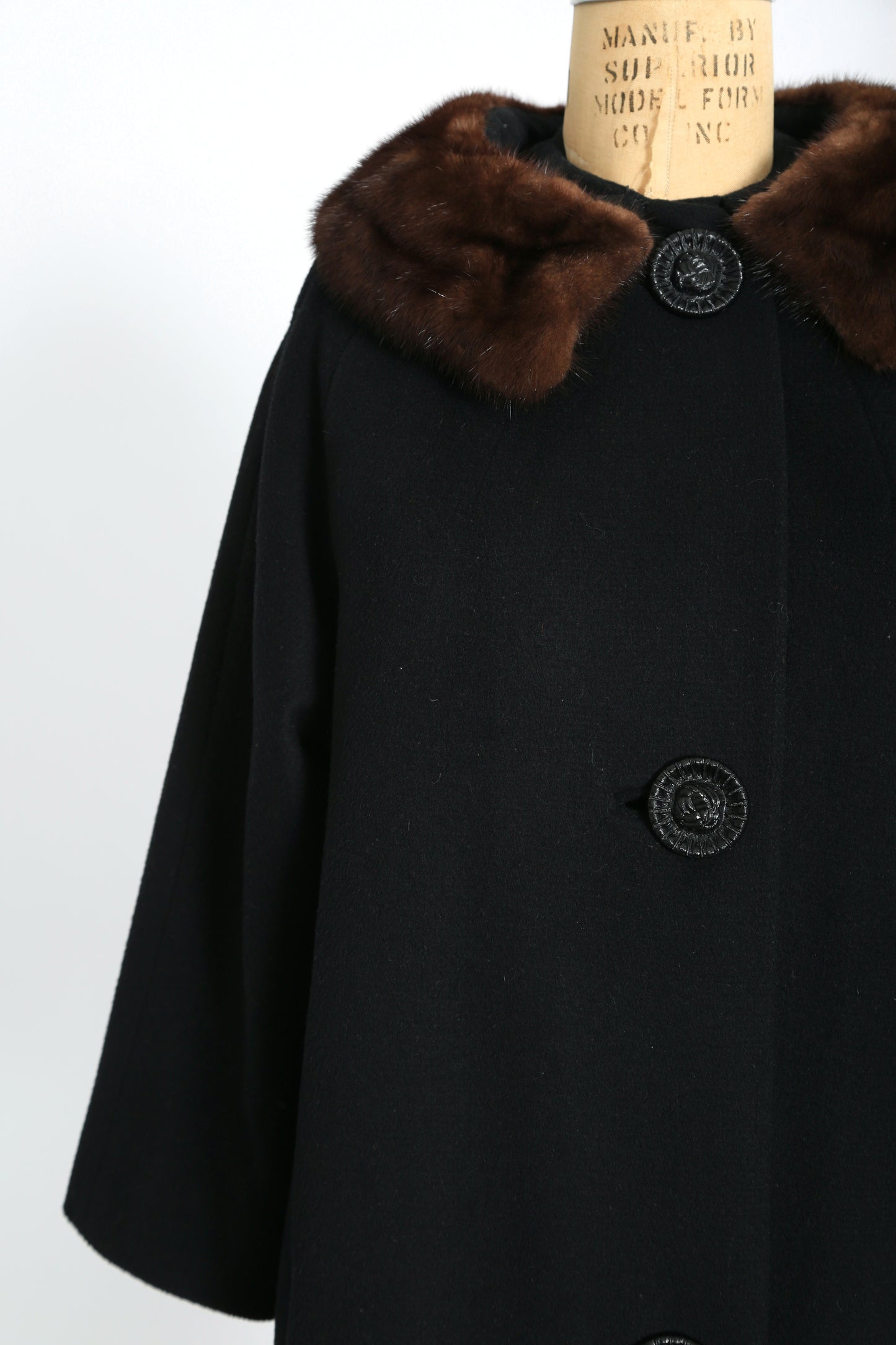 50s black wool brown mink fur collar swing coat