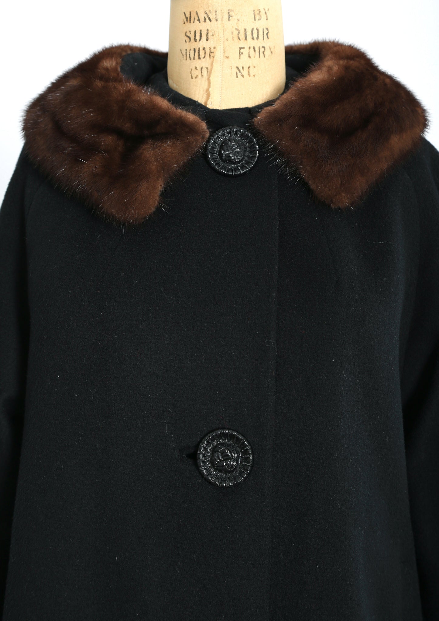 50s black wool brown mink fur collar swing coat