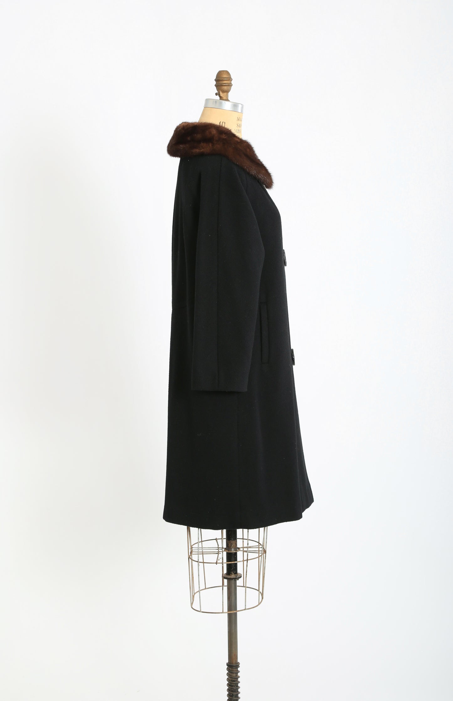 50s black wool brown mink fur collar swing coat
