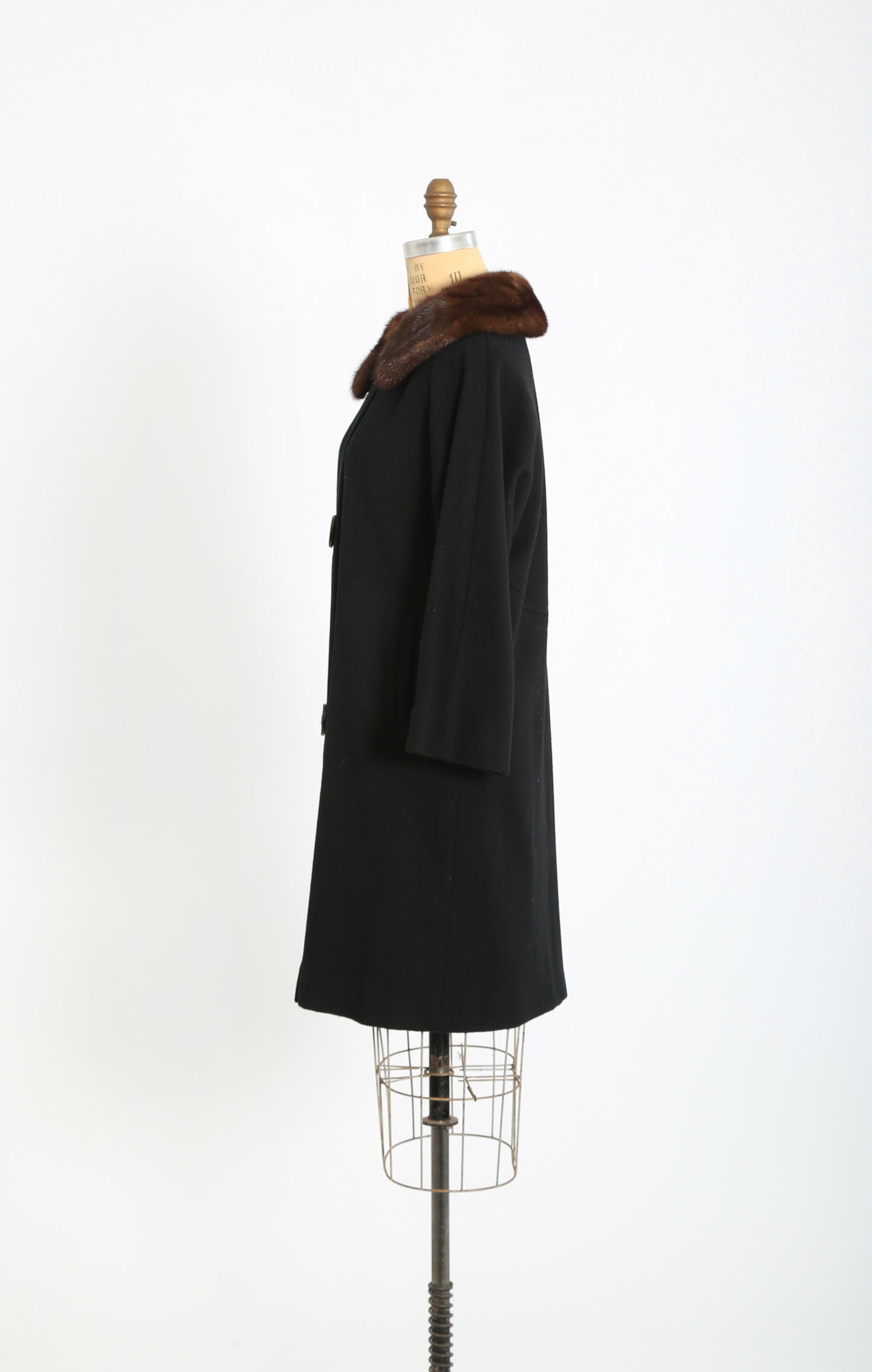50s black wool brown mink fur collar swing coat