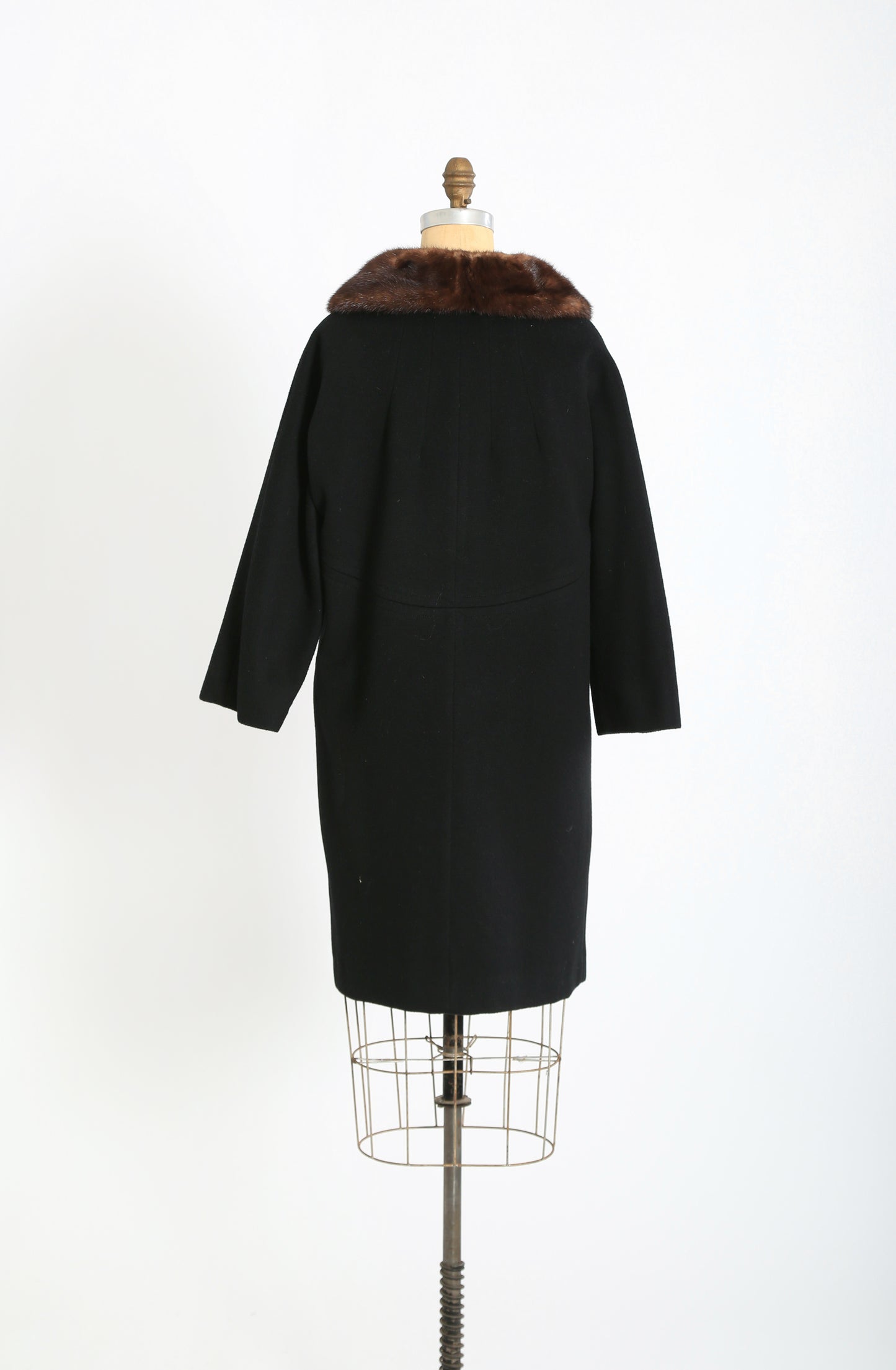 50s black wool brown mink fur collar swing coat
