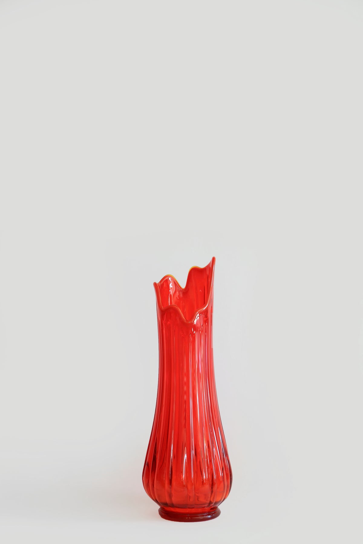 LE SMITH Huge Red Art Glass Fat Bottom Ribbed Swung Vase