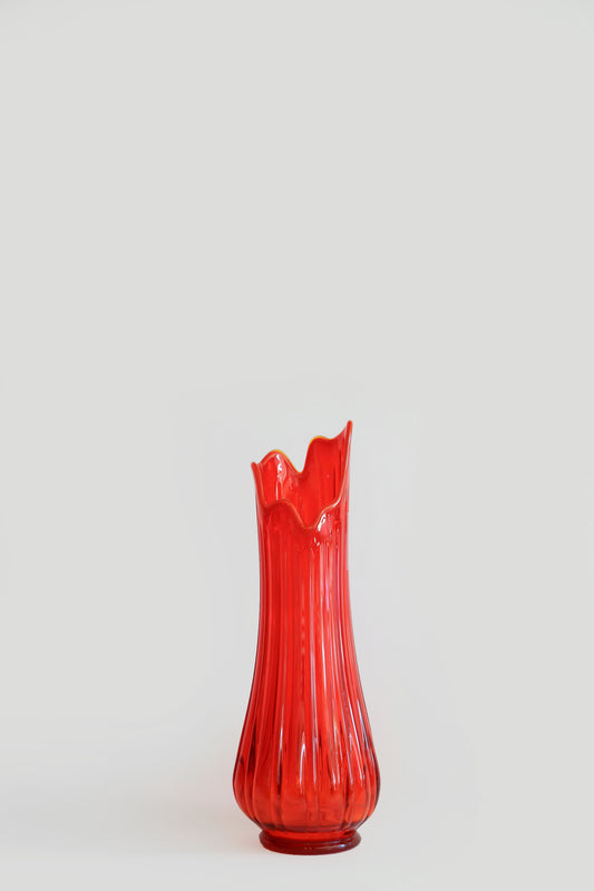 LE SMITH Huge Red Art Glass Fat Bottom Ribbed Swung Vase