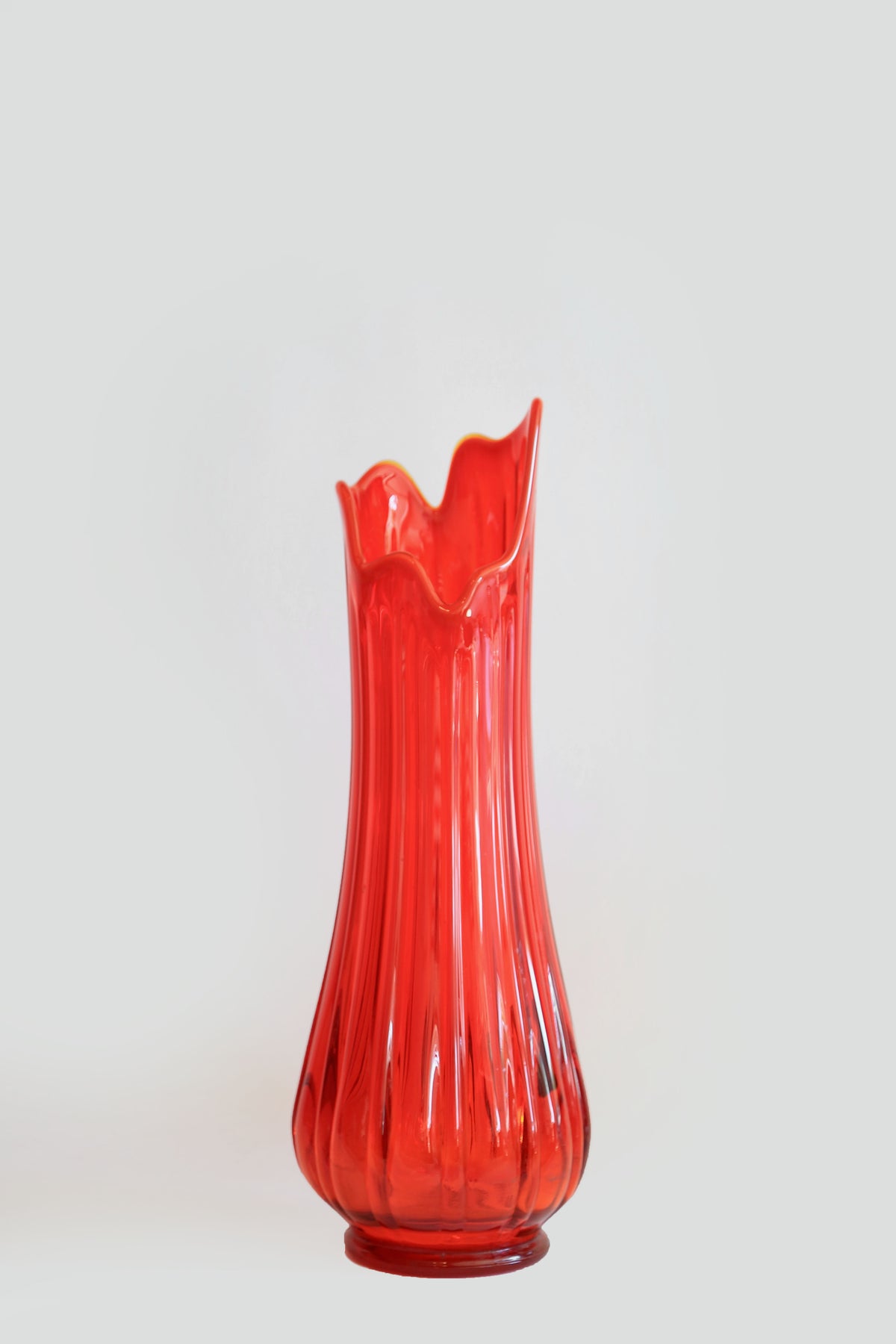LE SMITH Huge Red Art Glass Fat Bottom Ribbed Swung Vase