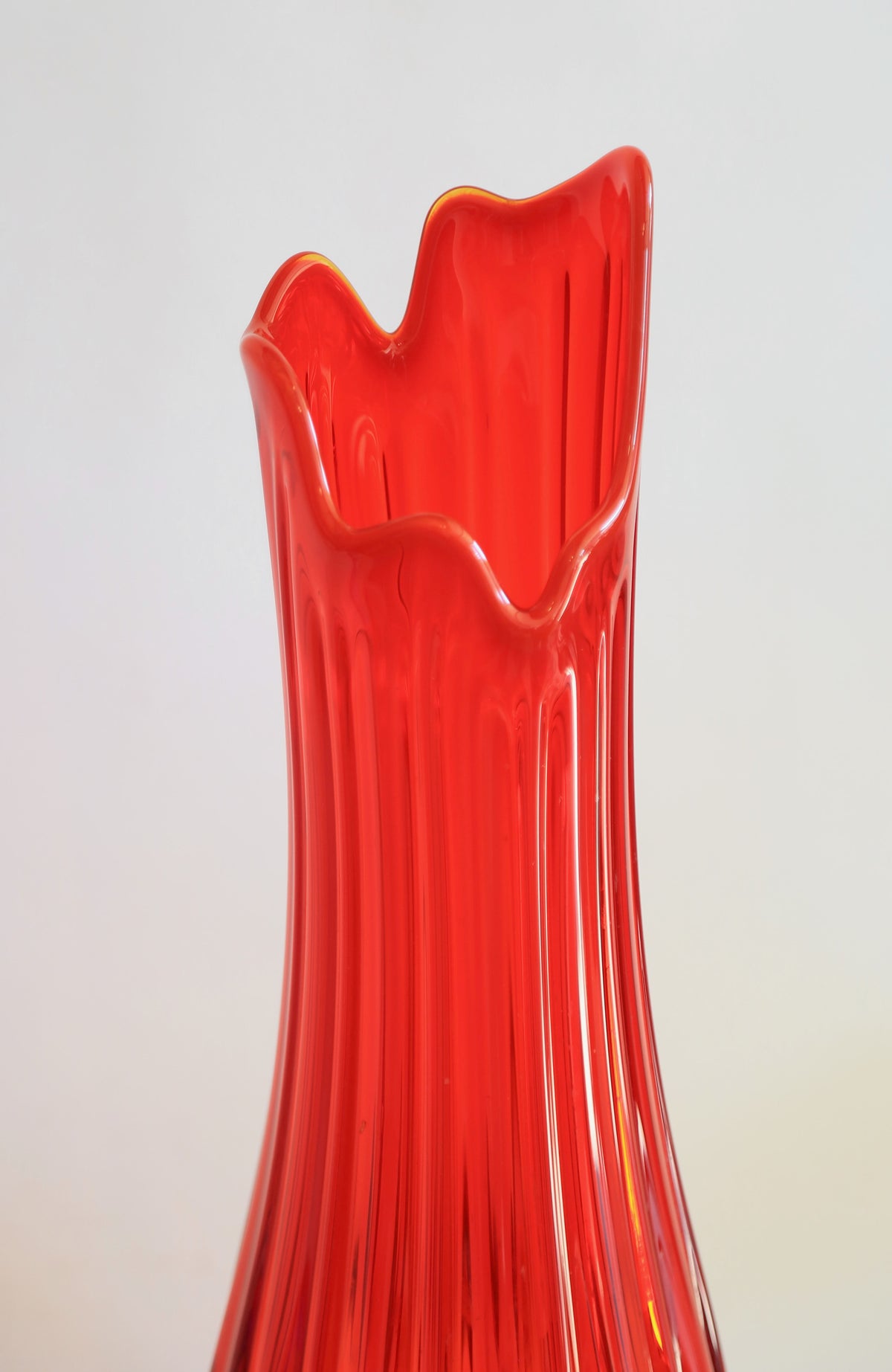 LE SMITH Huge Red Art Glass Fat Bottom Ribbed Swung Vase