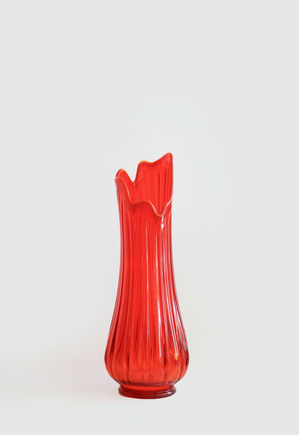 LE SMITH Huge Red Art Glass Fat Bottom Ribbed Swung Vase