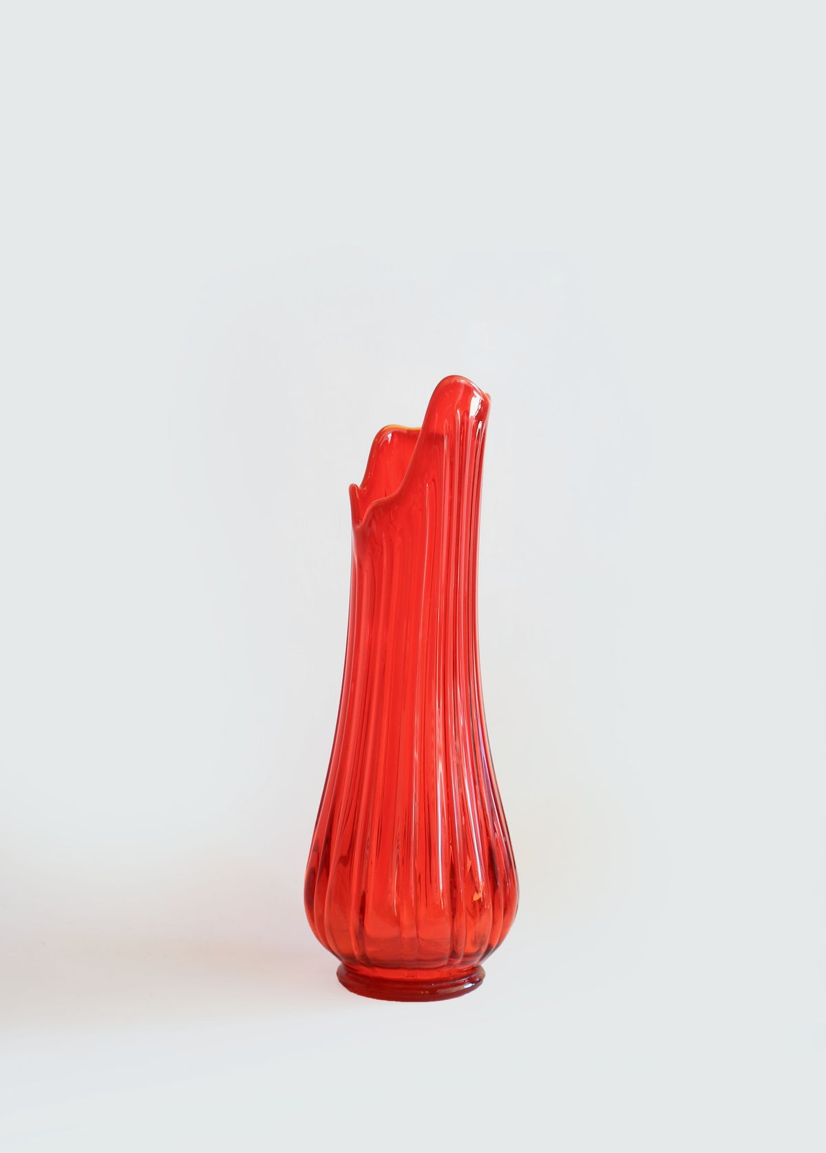 LE SMITH Huge Red Art Glass Fat Bottom Ribbed Swung Vase