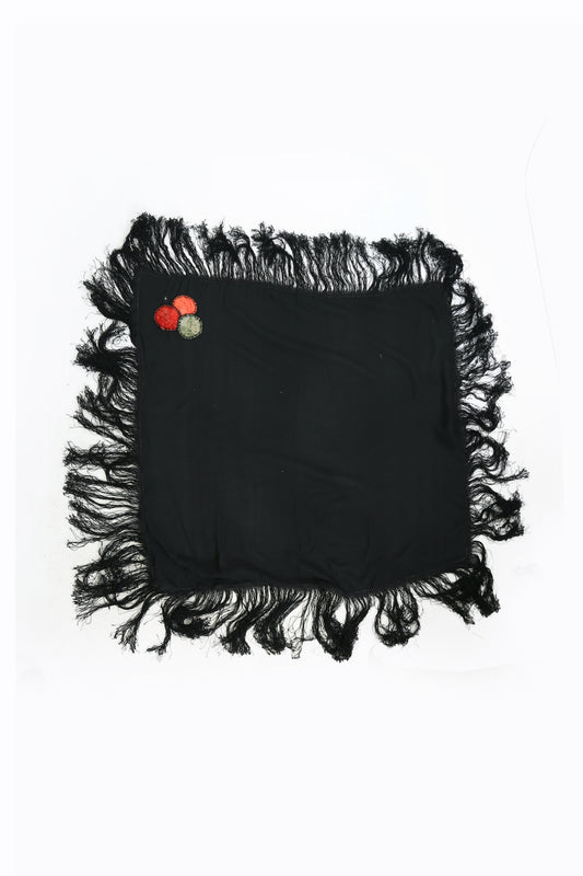 Antique 20s 30s Black silk crepe Piano shawl embroidered velvet patch fringe scarf