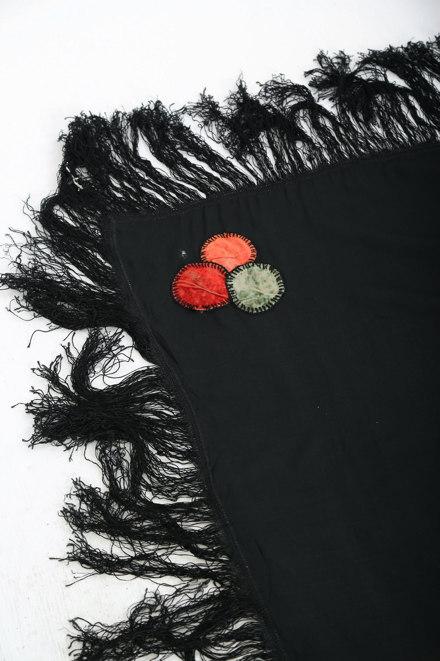 Antique 20s 30s Black silk crepe Piano shawl embroidered velvet patch fringe scarf