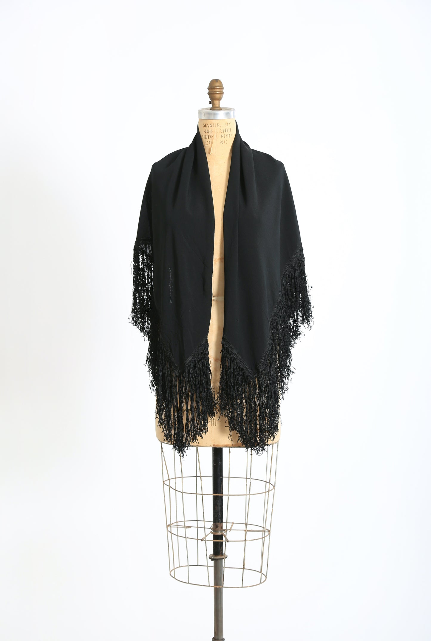Antique 20s 30s Black silk crepe Piano shawl embroidered velvet patch fringe scarf