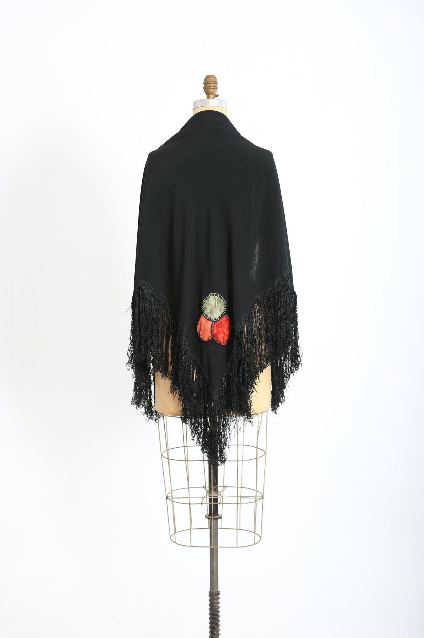Antique 20s 30s Black silk crepe Piano shawl embroidered velvet patch fringe scarf