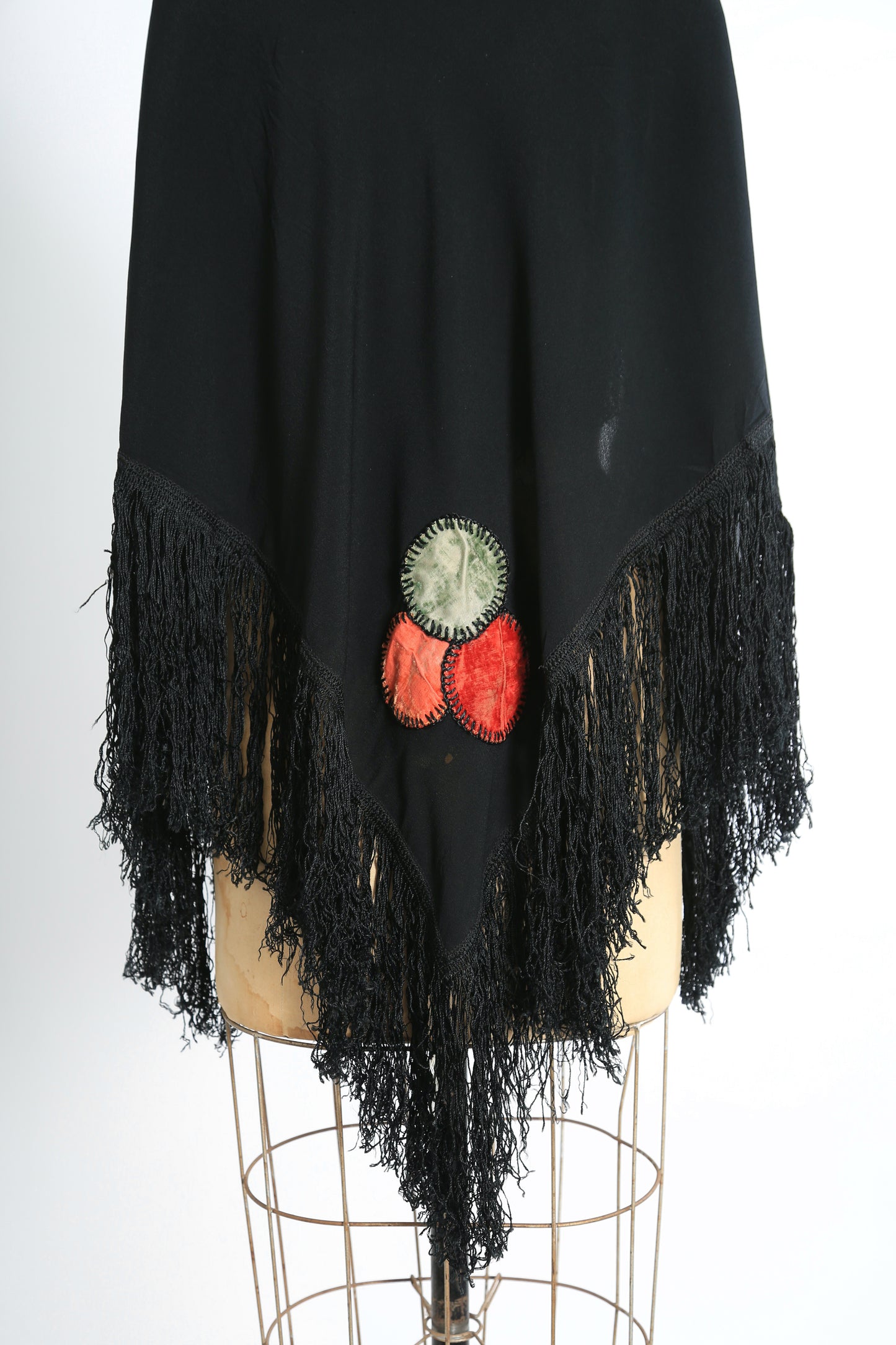 Antique 20s 30s Black silk crepe Piano shawl embroidered velvet patch fringe scarf