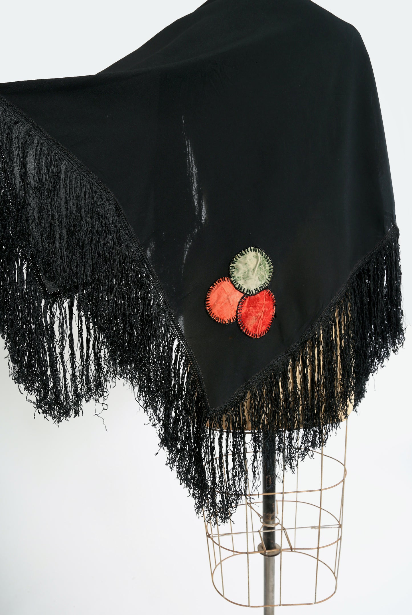 Antique 20s 30s Black silk crepe Piano shawl embroidered velvet patch fringe scarf