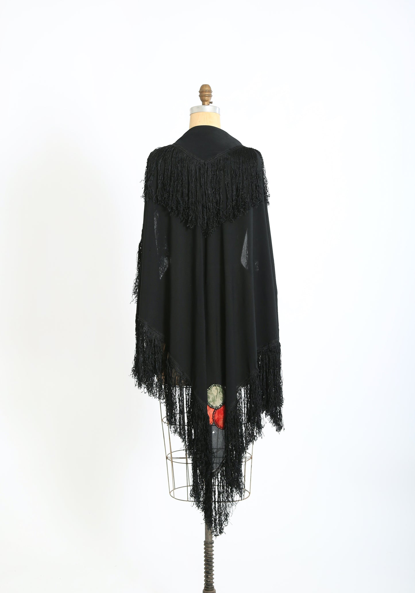 Antique 20s 30s Black silk crepe Piano shawl embroidered velvet patch fringe scarf