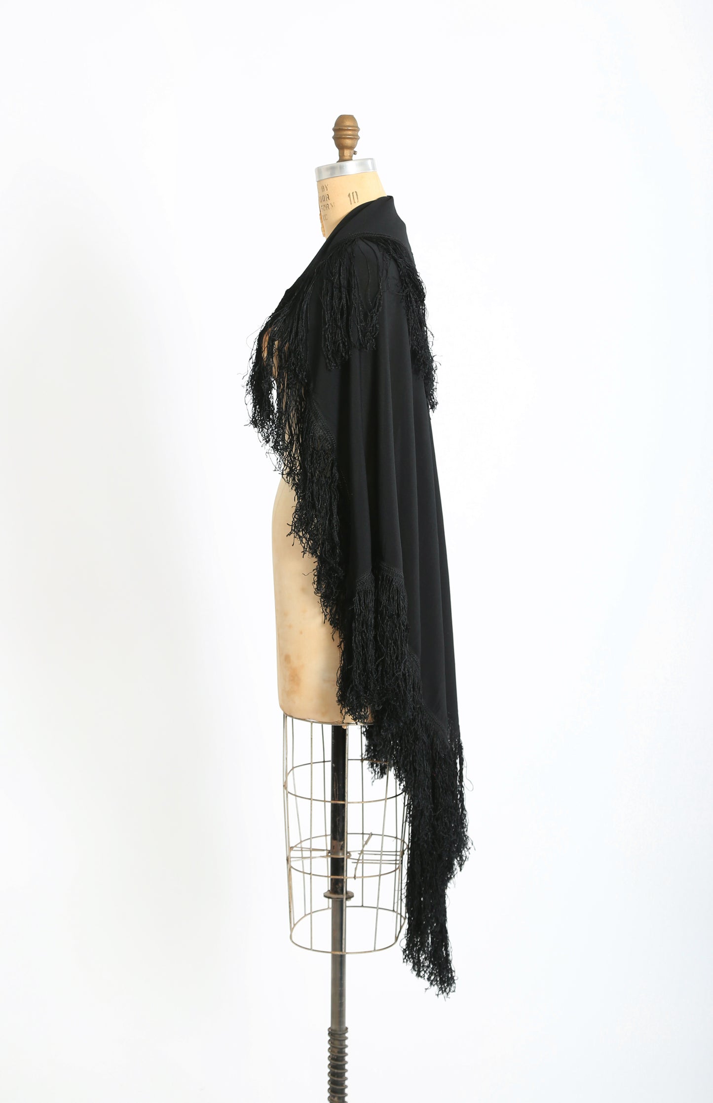 Antique 20s 30s Black silk crepe Piano shawl embroidered velvet patch fringe scarf