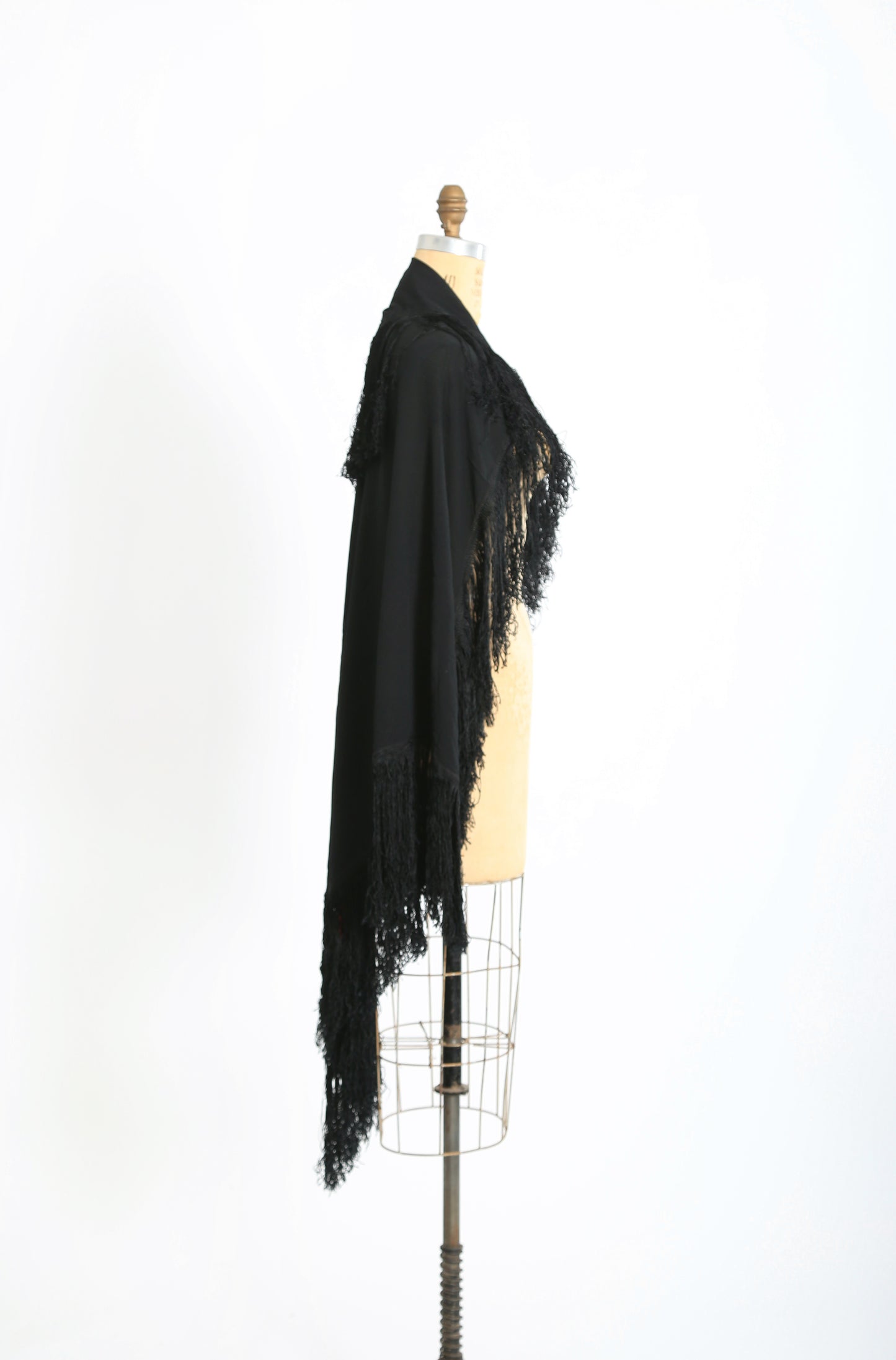 Antique 20s 30s Black silk crepe Piano shawl embroidered velvet patch fringe scarf
