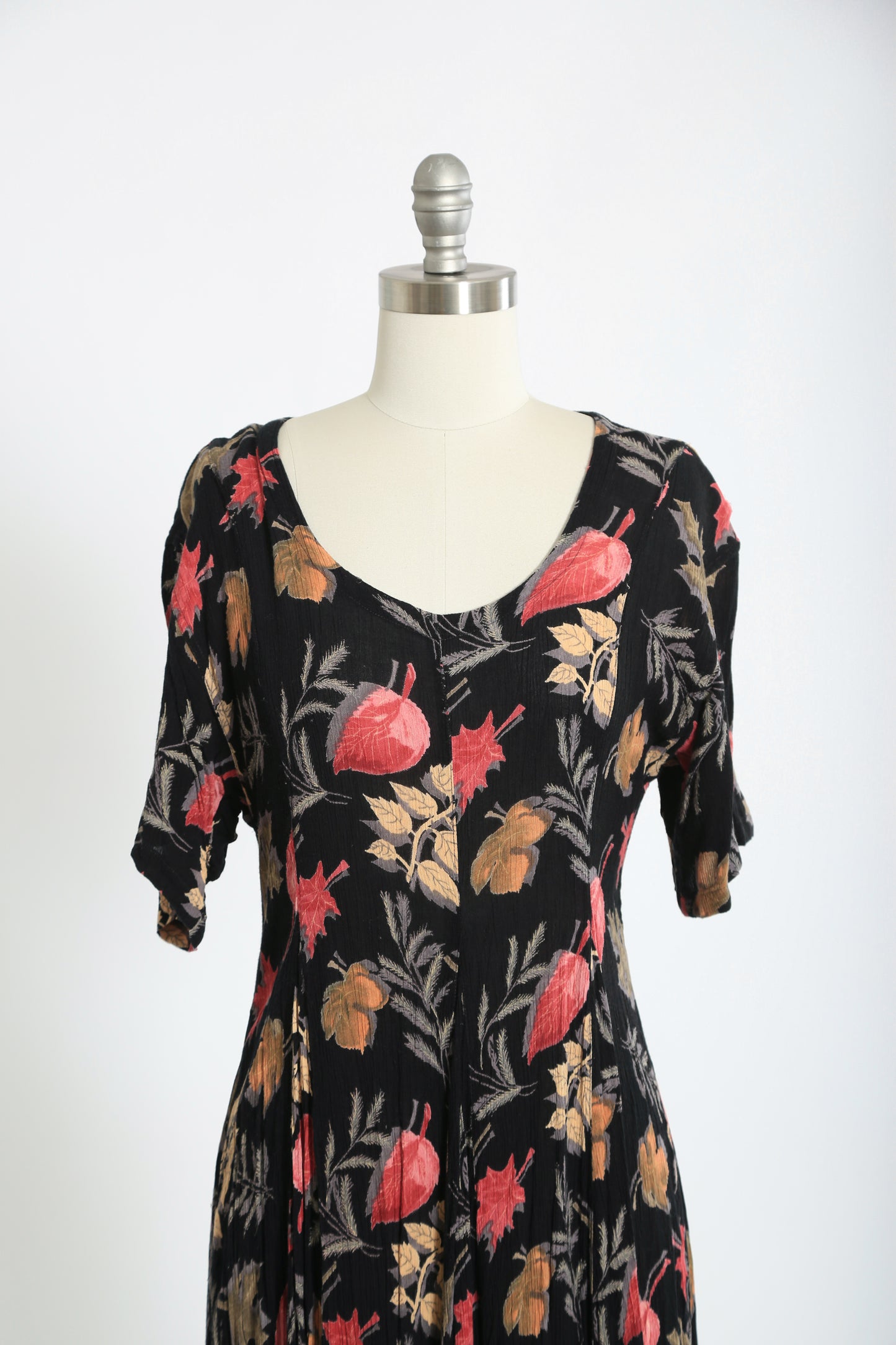 90s black Falling Leaf rayon maxi dress