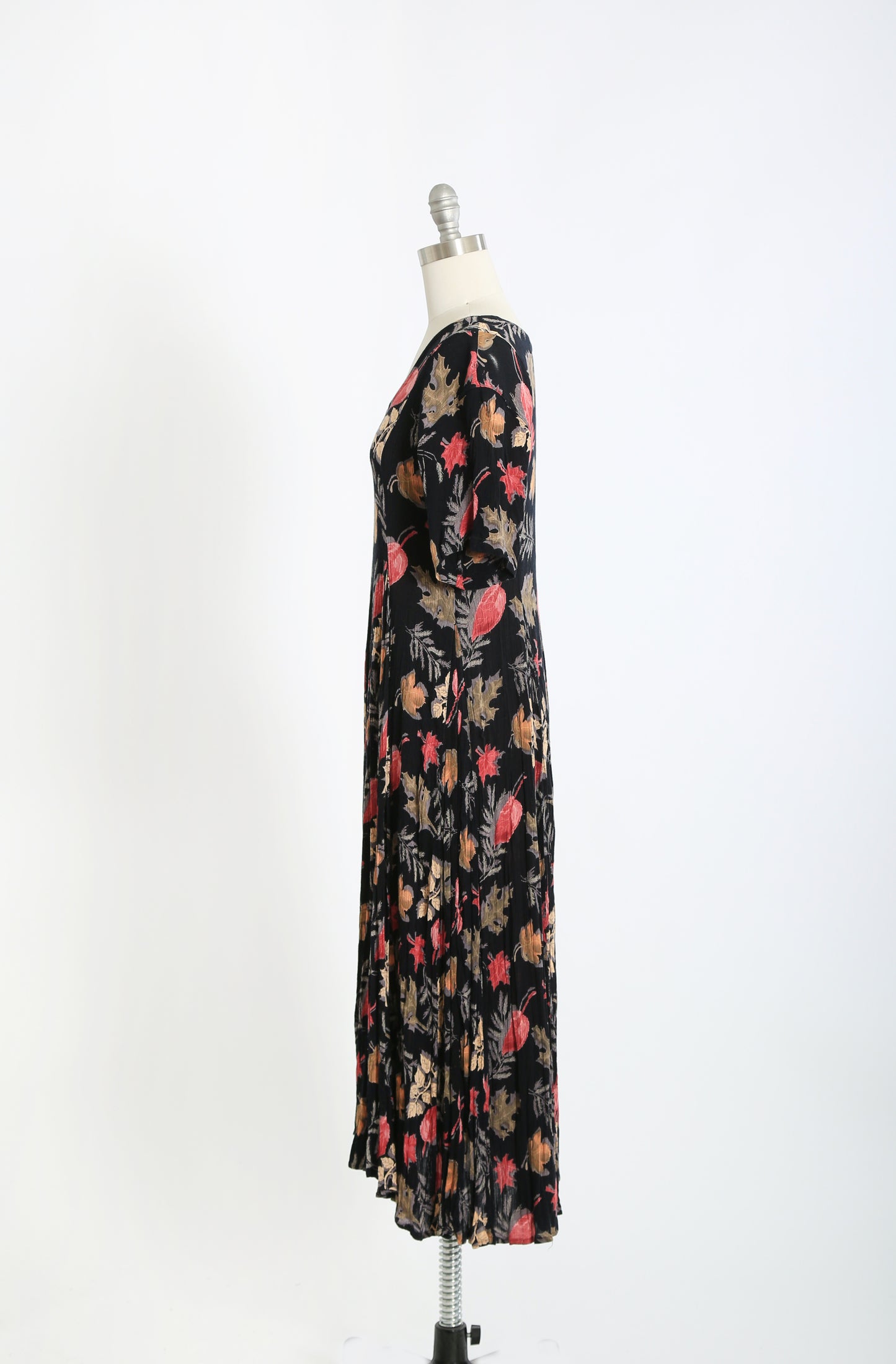 90s black Falling Leaf rayon maxi dress