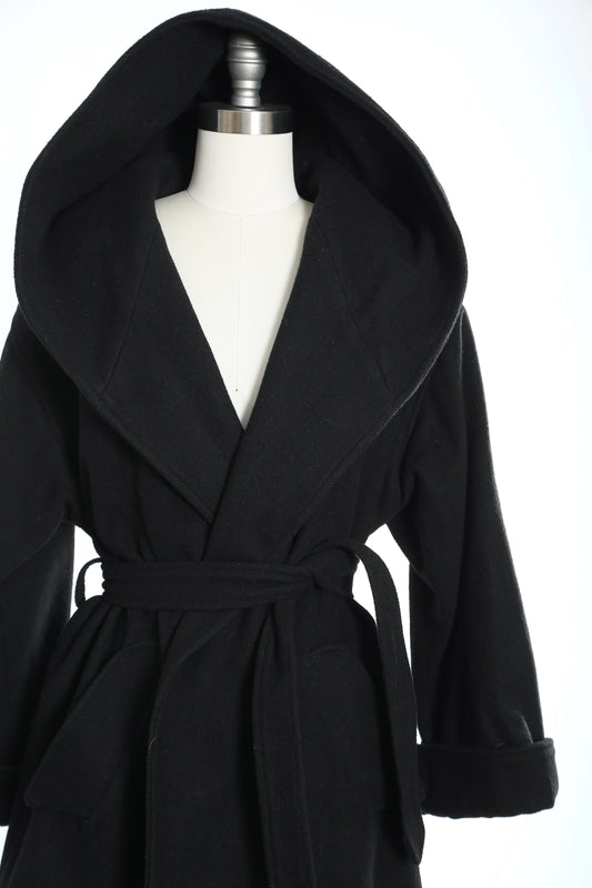 90s Black wool hooded belted coat jacket