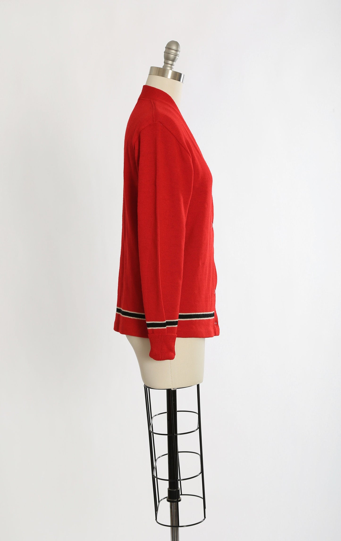 Vintage 50s red striped knit wool cardigan Varsity sweater