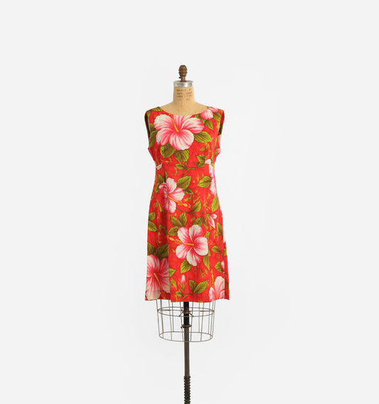 60s Ui - Maikai barkcloth Hawaiian mini dress | Vintage 1960s deadstock Red tropical Hibiscus dress
