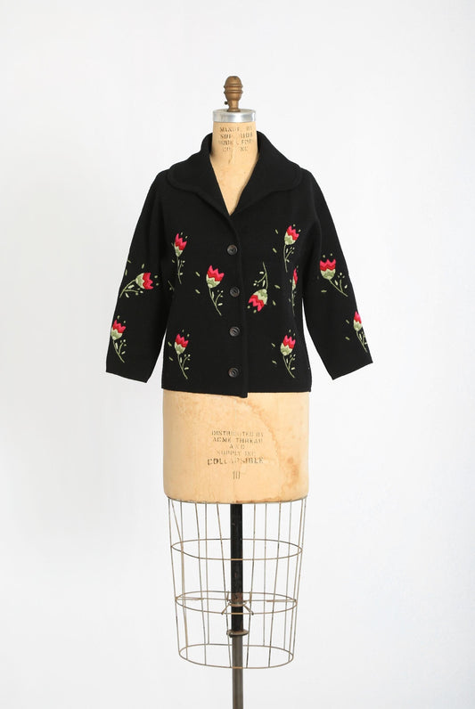 60s Italian black floral knit cardigan | Vintage 1960s Embroidered floral tulip cardigan