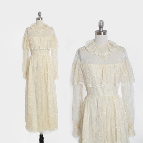 Vintage 70s Ivory floral crochet lace beaded Wedding dress | 1970s Boho long sleeve wedding dress