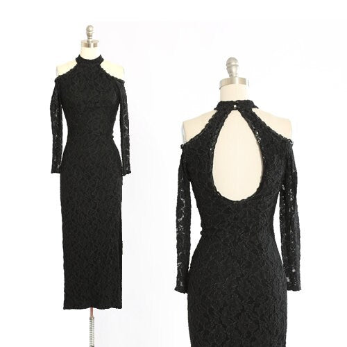 Vintage 80s black lace sequin bodycon maxi dress