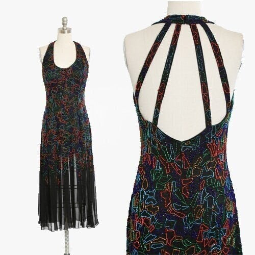 NITELINE silk beaded dress | Vintage primary colors beaded silk backless cocktail dress